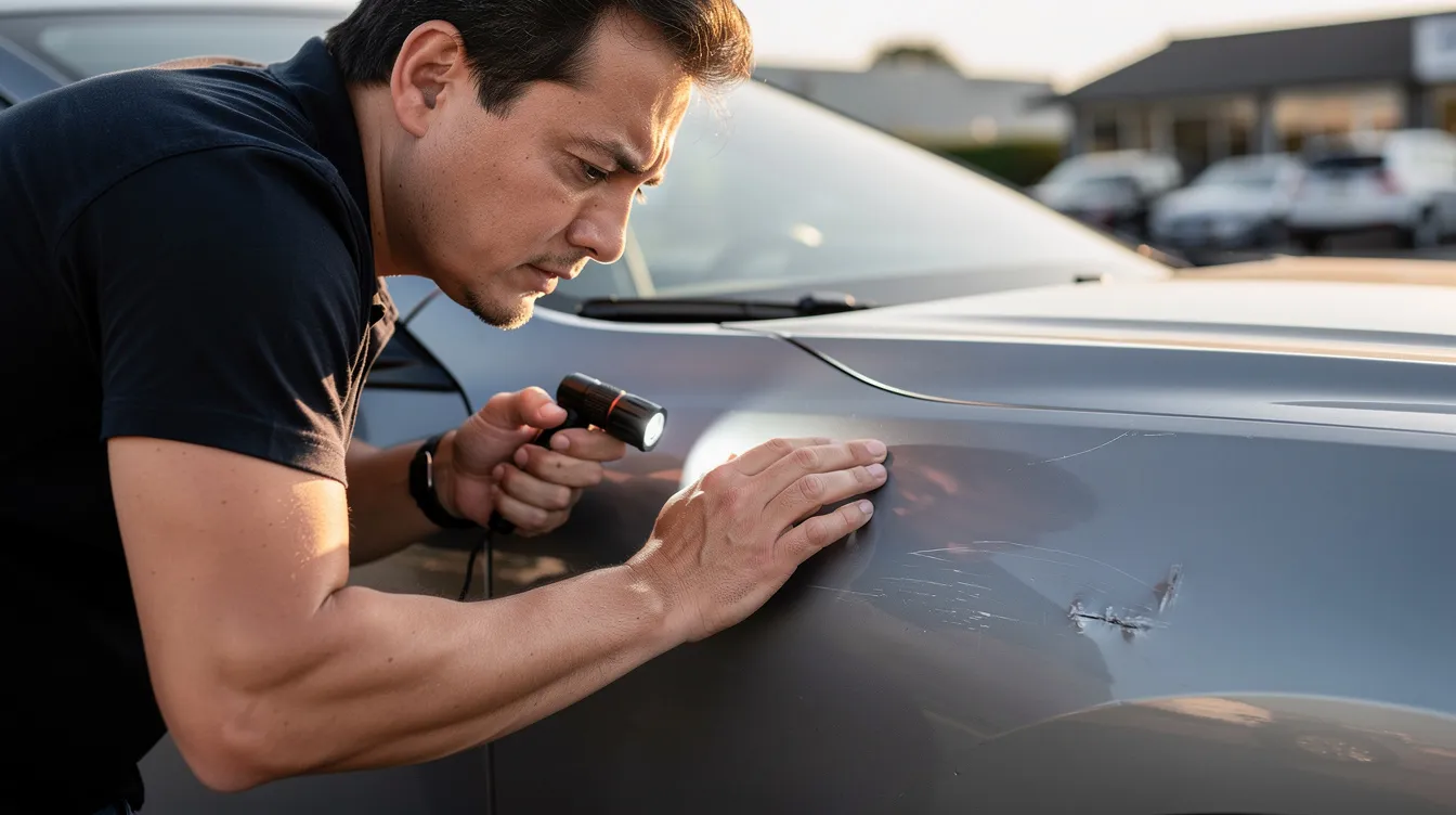 A person is closely inspecting the exterior of a vehicle, looking for scratches and dents to assess its condition before shipping. This careful examination is important for understanding any pre-existing damage, which can impact the car shipping insurance coverage when using auto transport services.
