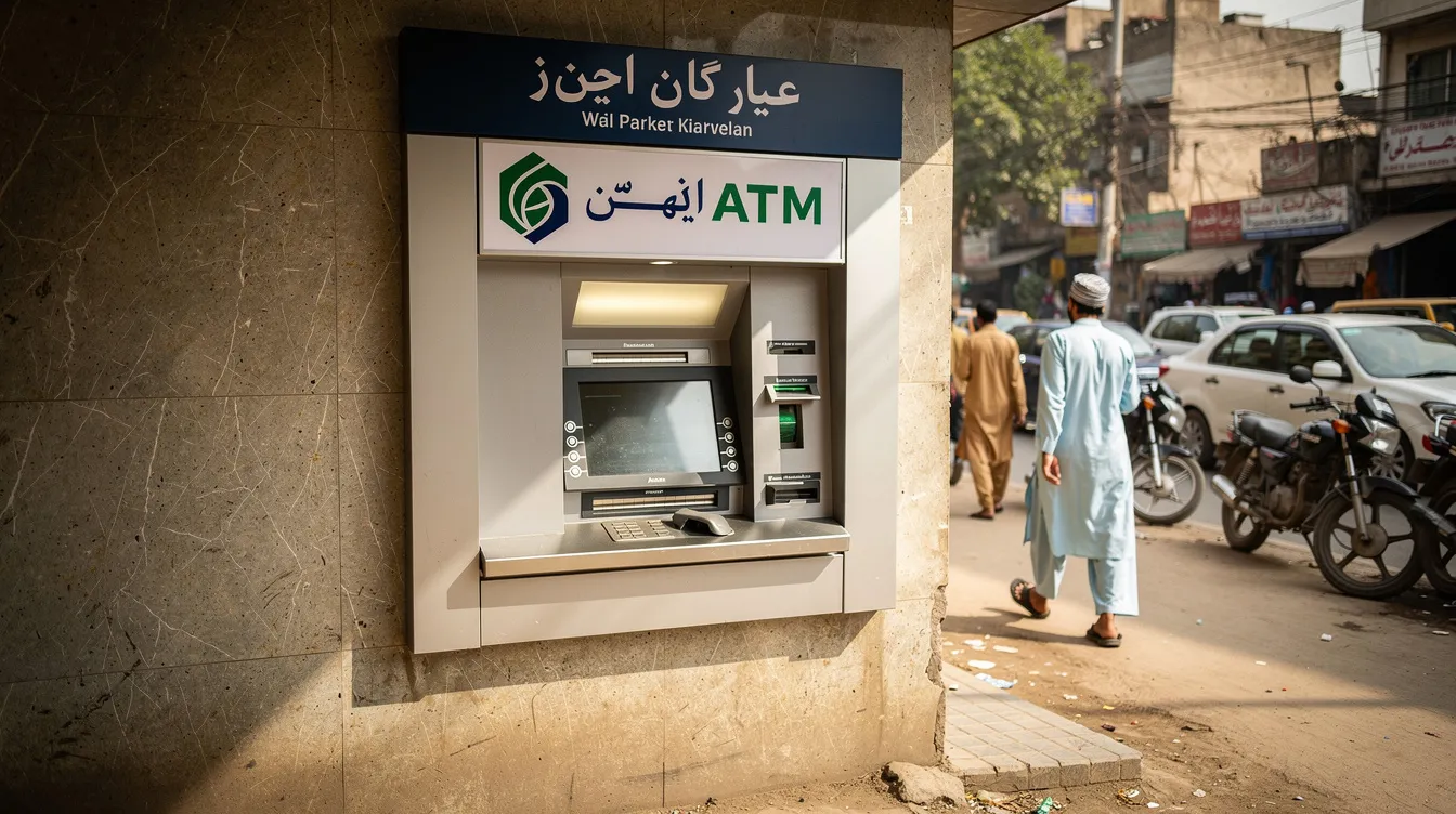 The image shows a bank ATM machine situated on a bustling city street in Pakistan, with pedestrians walking by, highlighting the easy access to formal banking channels for sending money and remittances. This scene reflects the importance of financial inclusion and the role of services like Askari Bank in supporting overseas Pakistanis and their families.