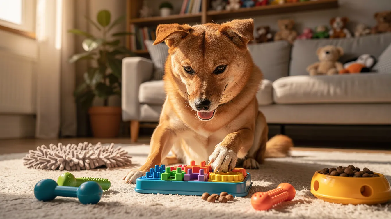 The image depicts a playful dog engaging with various enrichment activities, including puzzle toys and treat-dispensing balls, designed to stimulate its mind and fulfill its natural instincts. The scene emphasizes the importance of mental stimulation and physical exercise for dogs, showcasing a vibrant environment that encourages exploration and problem-solving skills.
