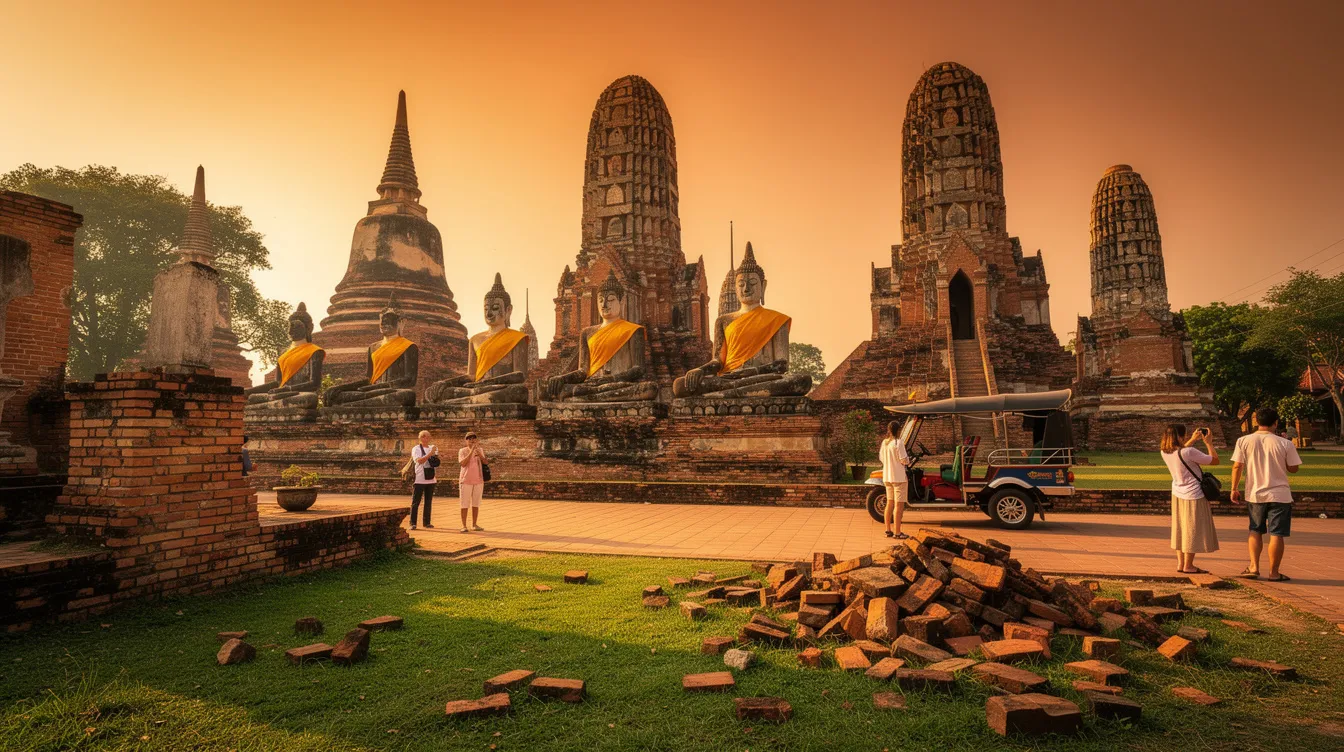 Imagem que retrata os famosos templos budistas de Ayutthaya, na Tailândia, com turistas explorando as ruínas históricas. Ao fundo, é possível ver a vegetação tropical e o céu azul, representando a rica cultura e história deste destino turístico no sudeste asiático.