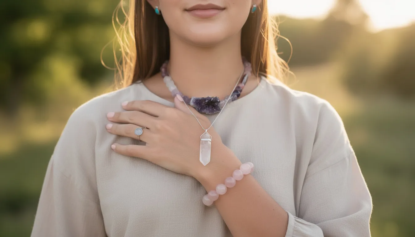 The image showcases various pieces of jewelry made from healing crystals, including rose quartz and amethyst, each believed to possess specific healing properties. These beautiful gemstones are worn to promote mental clarity, attract positive energy, and aid in spiritual healing.