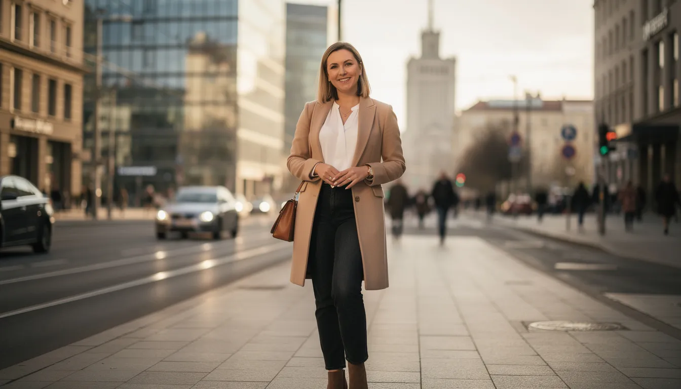 Uśmiechnięta, pewna siebie kobieta stoi w miejskiej scenerii Warszawy, z tłem nowoczesnych budynków. Jej promienna twarz, wolna od zmarszczek mimicznych, ukazuje efekty zabiegów medycyny estetycznej, takich jak wygładzenie zmarszczek i redukcja ich powstawania.