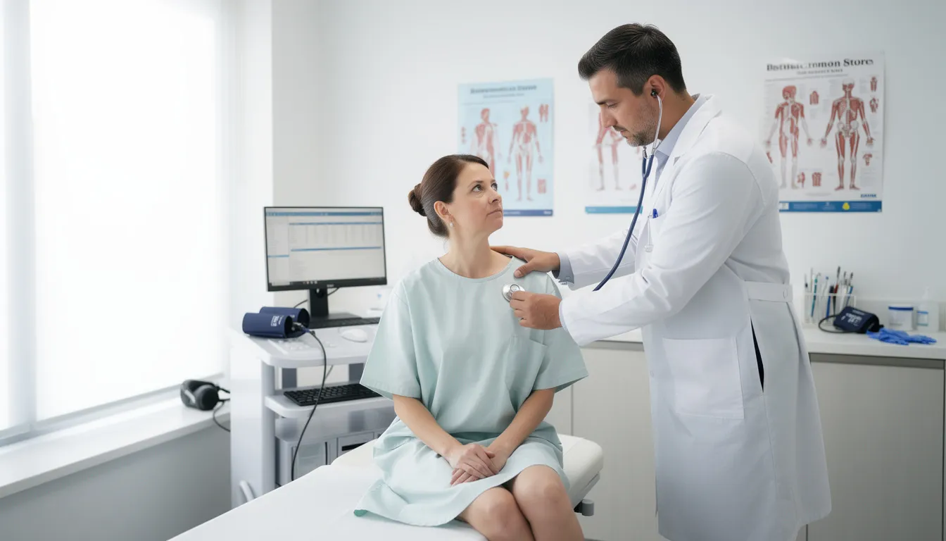 The image depicts a doctor examining a patient in a medical office, highlighting the importance of seeking medical attention after a car accident in New Mexico. This interaction emphasizes the need for proper medical care and documentation, which can be crucial for filing a car accident claim and addressing potential injuries.