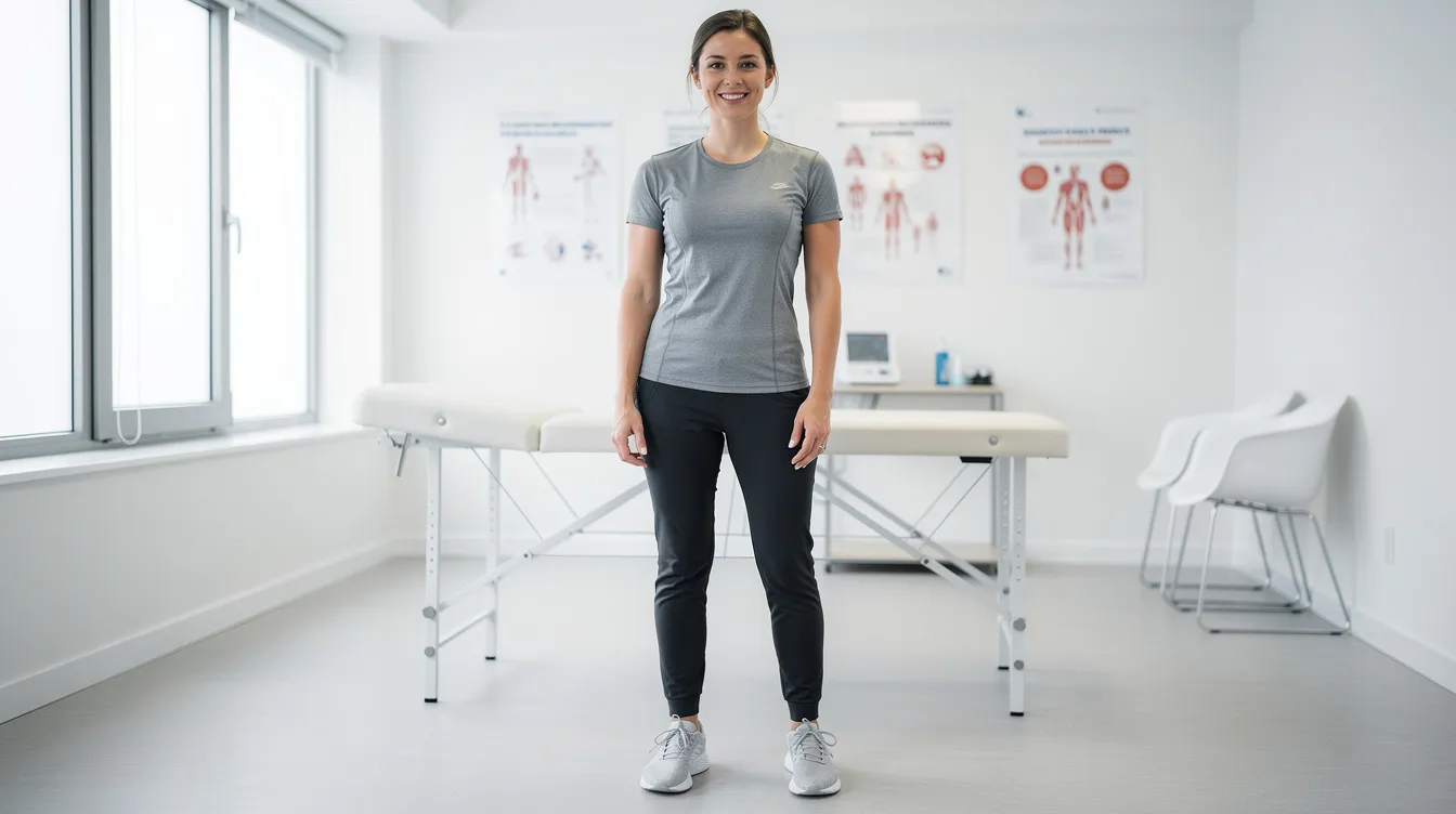 A person is standing in a bright clinical consultation room, dressed in relaxed athletic wear, suggesting a focus on body contouring and cosmetic procedures like buttock augmentation. The environment conveys a sense of professionalism and comfort, ideal for discussing options such as non-surgical BBL treatments or fat transfer procedures.