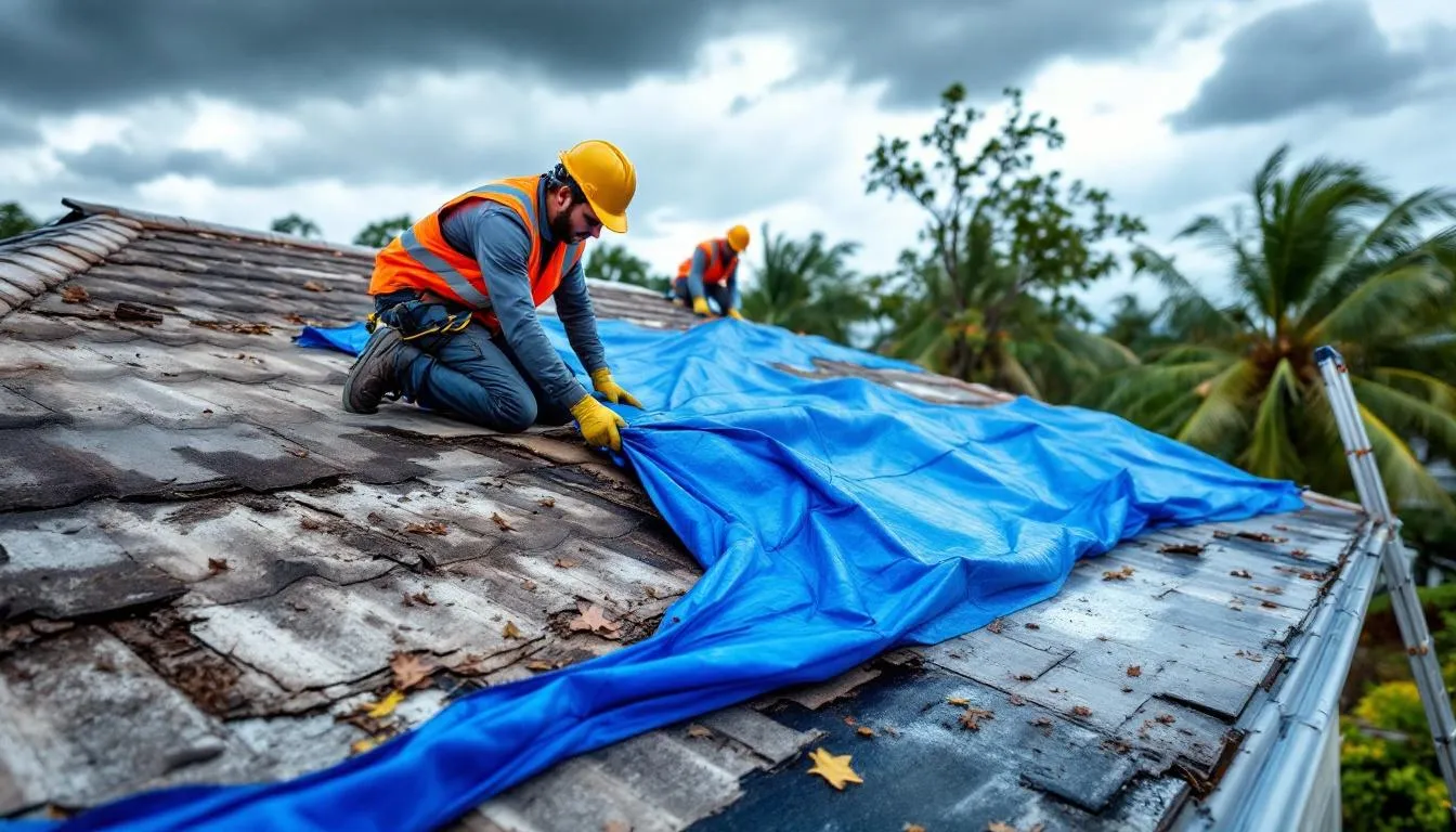 An emergency tarping is being installed on a storm-damaged roof, showcasing roofing professionals working diligently to protect the property from further water damage. The scene highlights the urgent need for roofing services in Louisville, KY, emphasizing the importance of thorough inspections and quality repairs.