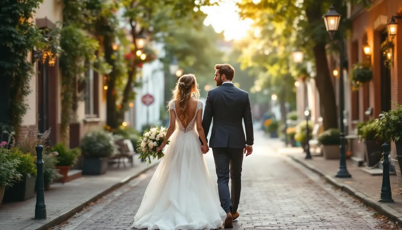 Ein romantisches Brautpaar spaziert Hand in Hand durch die historische Lichtentaler Allee in Baden-Baden, umgeben von majestätischen Eichen, die eine malerische Kulisse für ihre Hochzeit bieten. Diese idyllische Atmosphäre und die wunderschöne Architektur der Umgebung schaffen den perfekten Rahmen für eine Traumhochzeit.