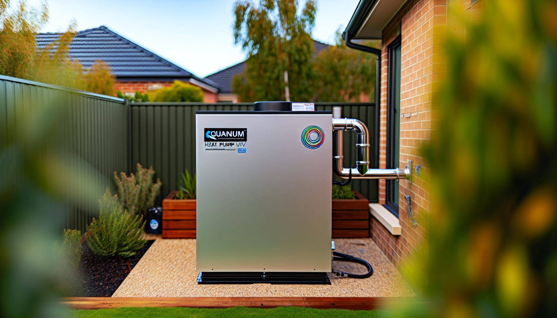Photo of a quantum heat pump hot water system installed in a residential setting