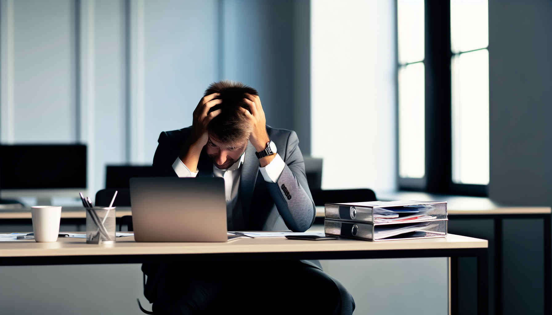 Stressed employee sitting at a desk with head in hands