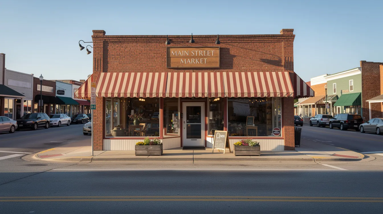 The image depicts a quaint small business storefront located on a quiet main street in an American downtown, showcasing a welcoming atmosphere that reflects the community's charm. This space could be a perfect setting for a dedicated financial advisor to offer personalized financial strategies and investment advice to local families aiming to achieve their financial goals.