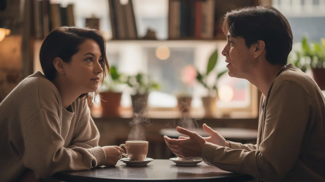 The image depicts two people engaged in a thoughtful conversation, with one person leaning forward and listening intently, showcasing positive body language that reflects a healthy relationship. This moment emphasizes the importance of communication and feeling heard, which are vital for maintaining a lasting and supportive romantic partnership.