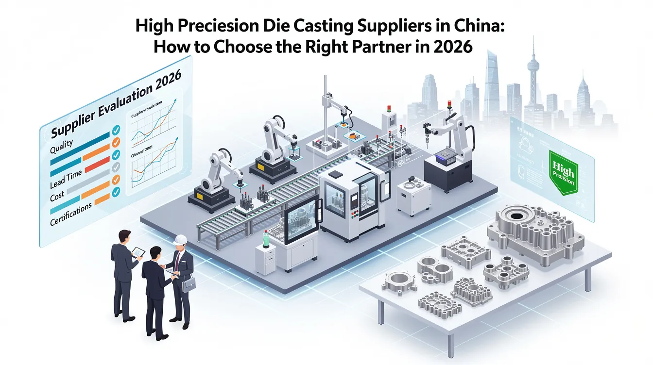 The image illustrates a modern manufacturing facility showcasing various die casting processes, including aluminum die casting and magnesium die casting. It highlights advanced technology and casting machines used by high precision die casting suppliers in China, emphasizing their impressive annual production capacity and commitment to quality control.