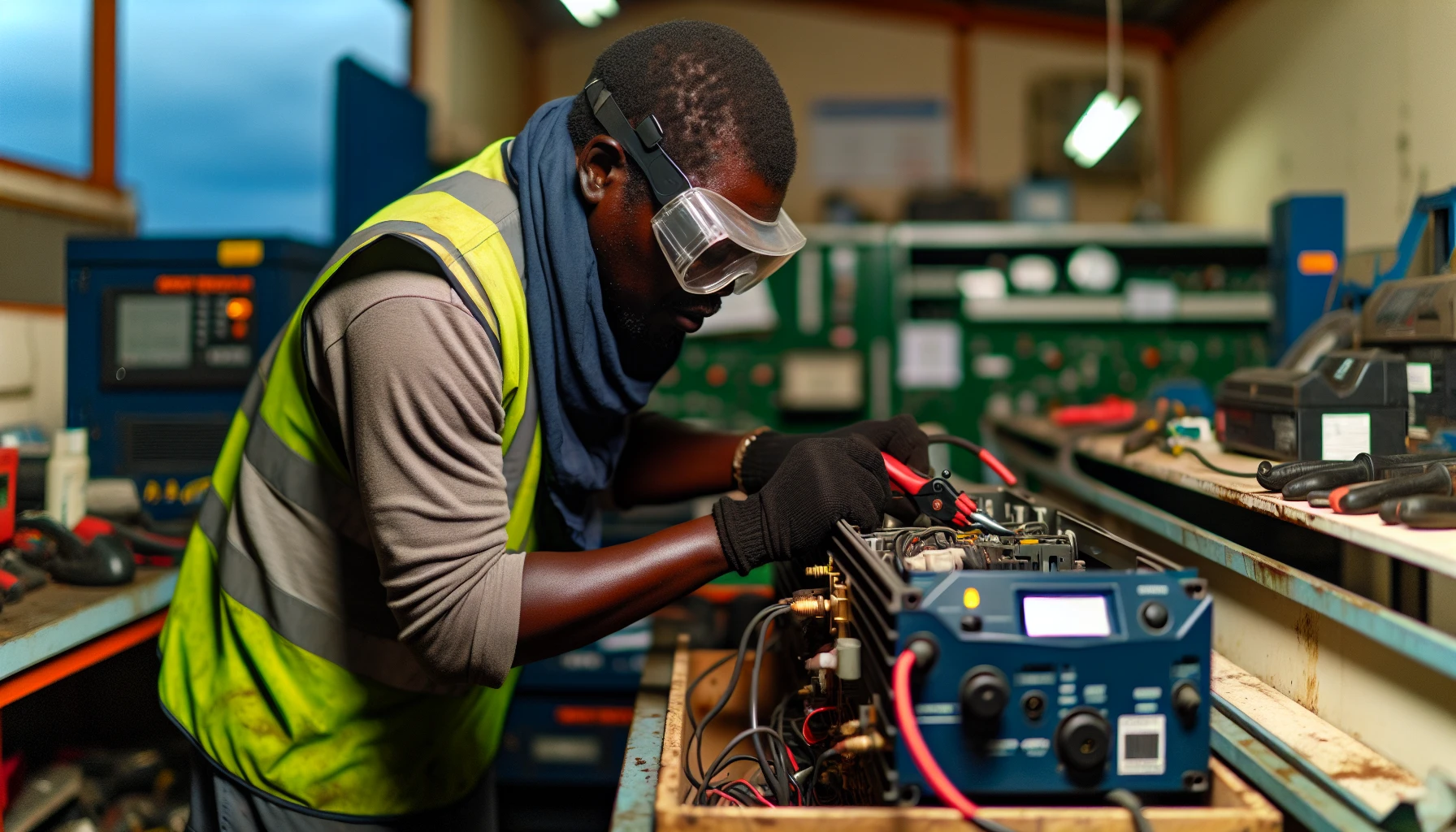 A photo of a professional electrician performing maintenance on an inverter charger unit