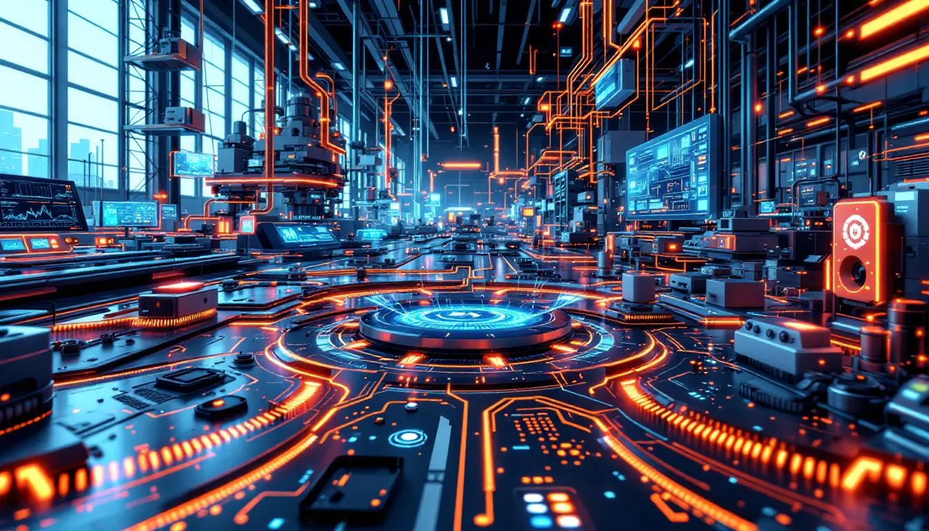 An infographic illustrating the impact of AI technologies on production efficiency.