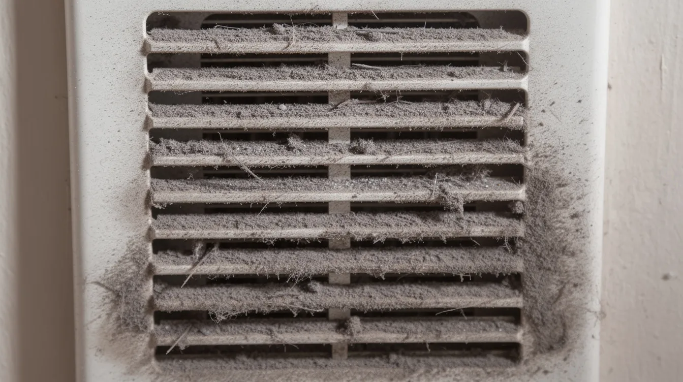 A close-up photograph reveals a dusty residential air vent register, with significant dust buildup on the grille slats, indicating potential indoor air quality problems. This accumulation can affect the airflow in the HVAC system and may lead to stale indoor air and other contaminants.