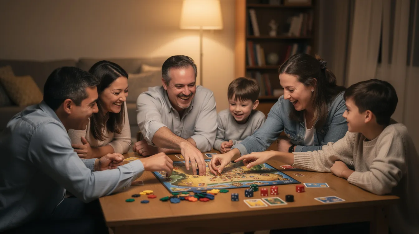 A group of adults and children are gathered around a table, laughing and enjoying a lively game of board games together, creating a joyful atmosphere filled with fun and teamwork. The scene captures the essence of family bonding and the excitement of playing games like Monopoly and Trivial Pursuit.
