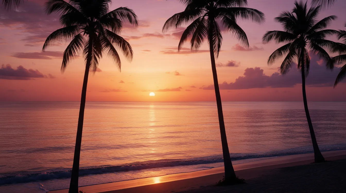 Ein tropischer Sonnenuntergang über dem Indischen Ozean zeigt eine beeindruckende Szenerie mit silhouettierten Palmen am Strand. Diese friedliche Landschaft ist typisch für Mauritius und vermittelt das Gefühl eines Paradieses, ideal für Reisende, die die beste Reisezeit von November bis April nutzen möchten.