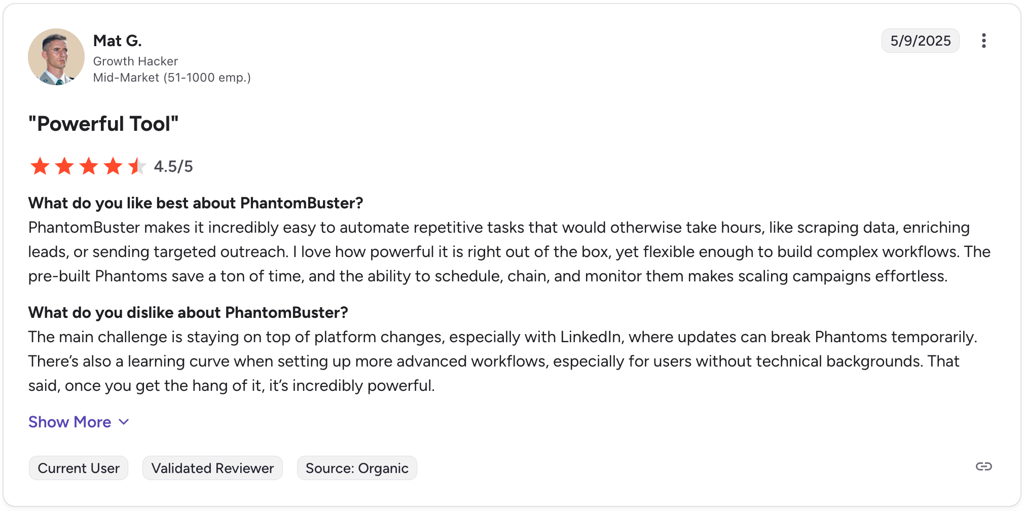 PhantomBuster user review screenshot