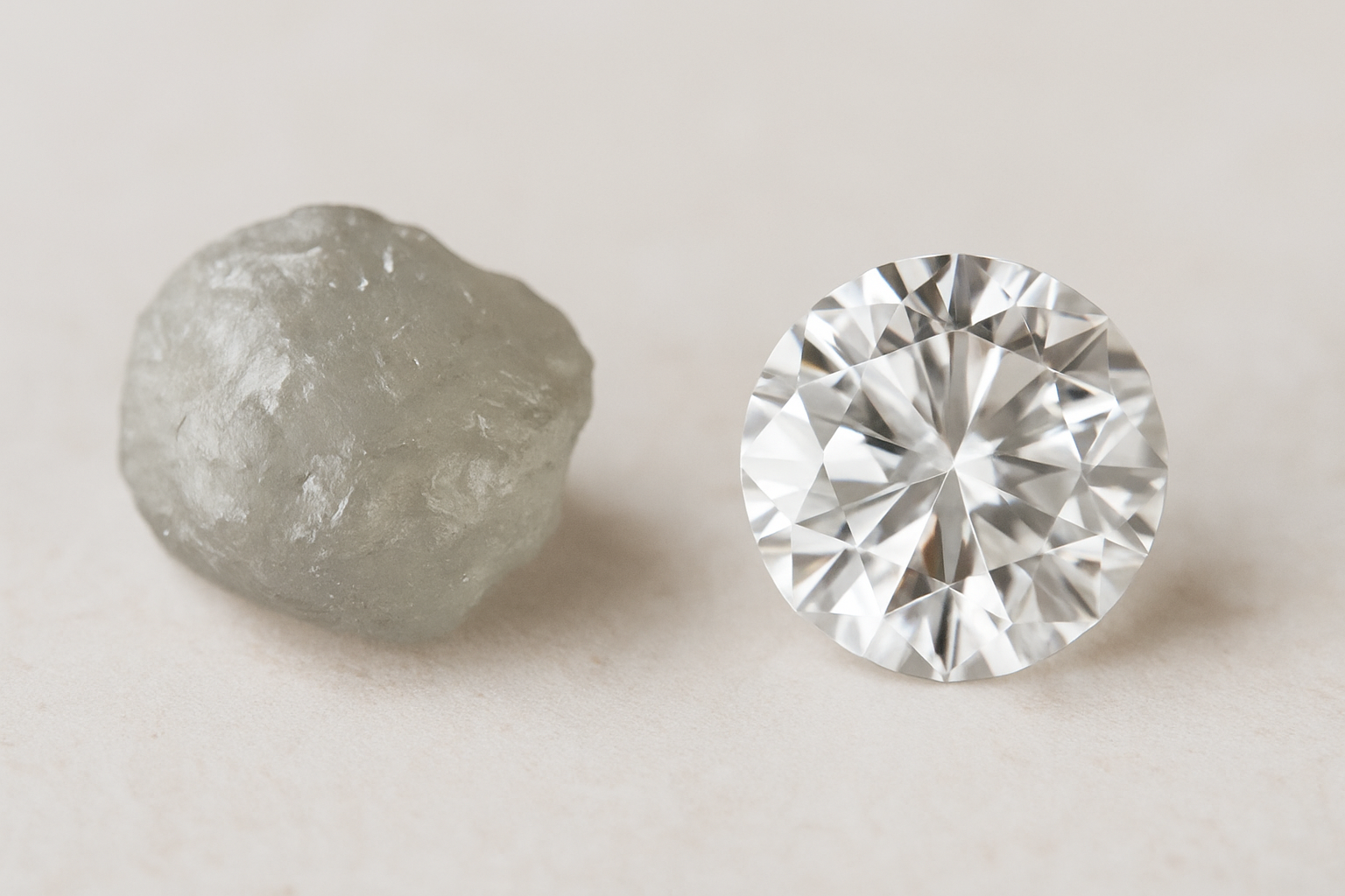 Neapdorotas matinis deimantas kairėje ir spindintis šlifuotas briliantas dešinėje – vizualus skirtumas tarp natūralios ir apdirbtos formos. https://topdiamonds.online/