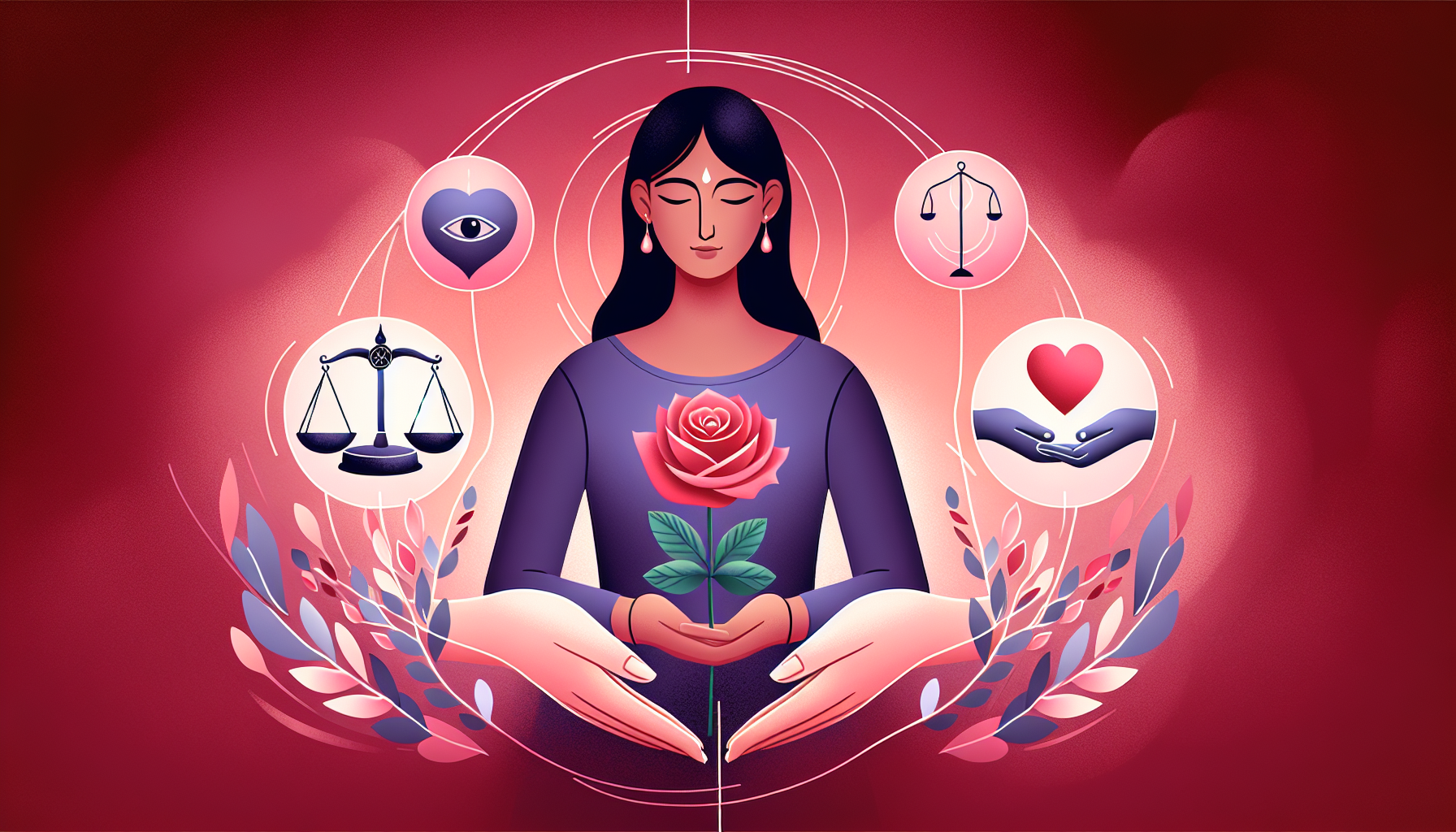 Een illustratie van een vrouw die nadenkt, omringd door verschillende symbolen van vrouwelijk libido