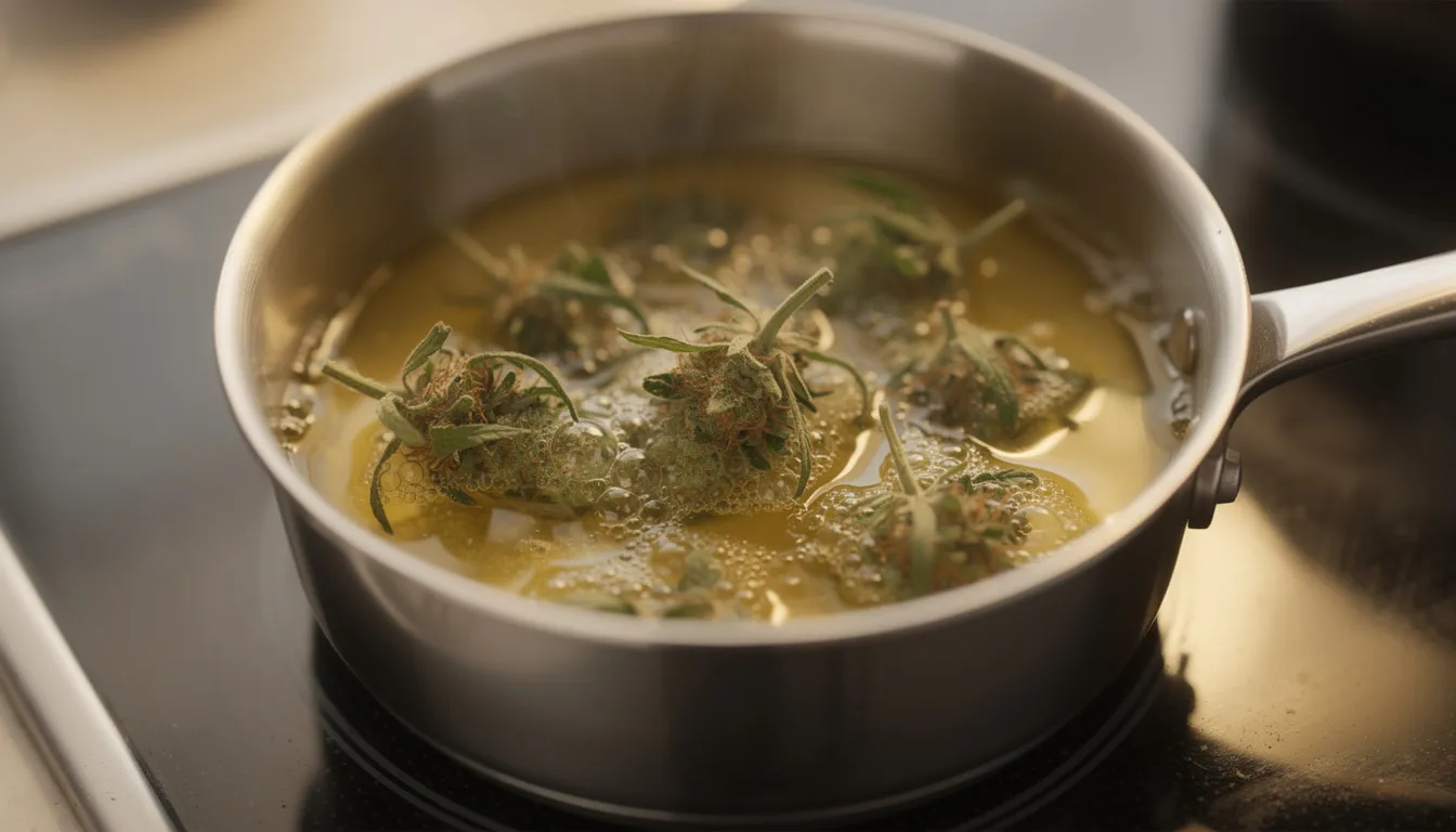 In einem Topf schmilzt Butter, während frische Kräuter hinzugefügt werden, um eine Cannabis-Infusion herzustellen. Dieser Prozess ist ein wichtiger Schritt für die Decarboxylierung von Cannabis, bei dem die Wirkstoffe aktiviert werden, um ihre vollen Effekte zu entfalten.