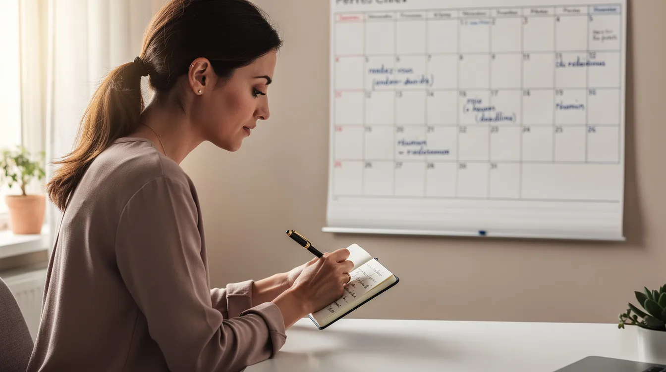 Une femme écrit des informations dans un carnet, tandis qu'un calendrier mensuel est visible en arrière-plan, suggérant une attention particulière aux fluctuations hormonales et aux cycles menstruels, qui peuvent être liés aux crises de migraine. Cette scène évoque l'importance de suivre les maux de tête et les symptômes de la migraine chez les femmes.