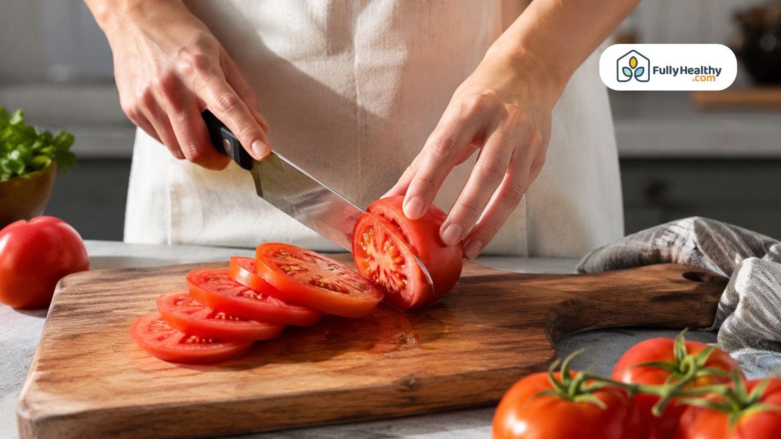 Person slicing ripe tomatoes on wooden cutting board in bright modern kitchen.