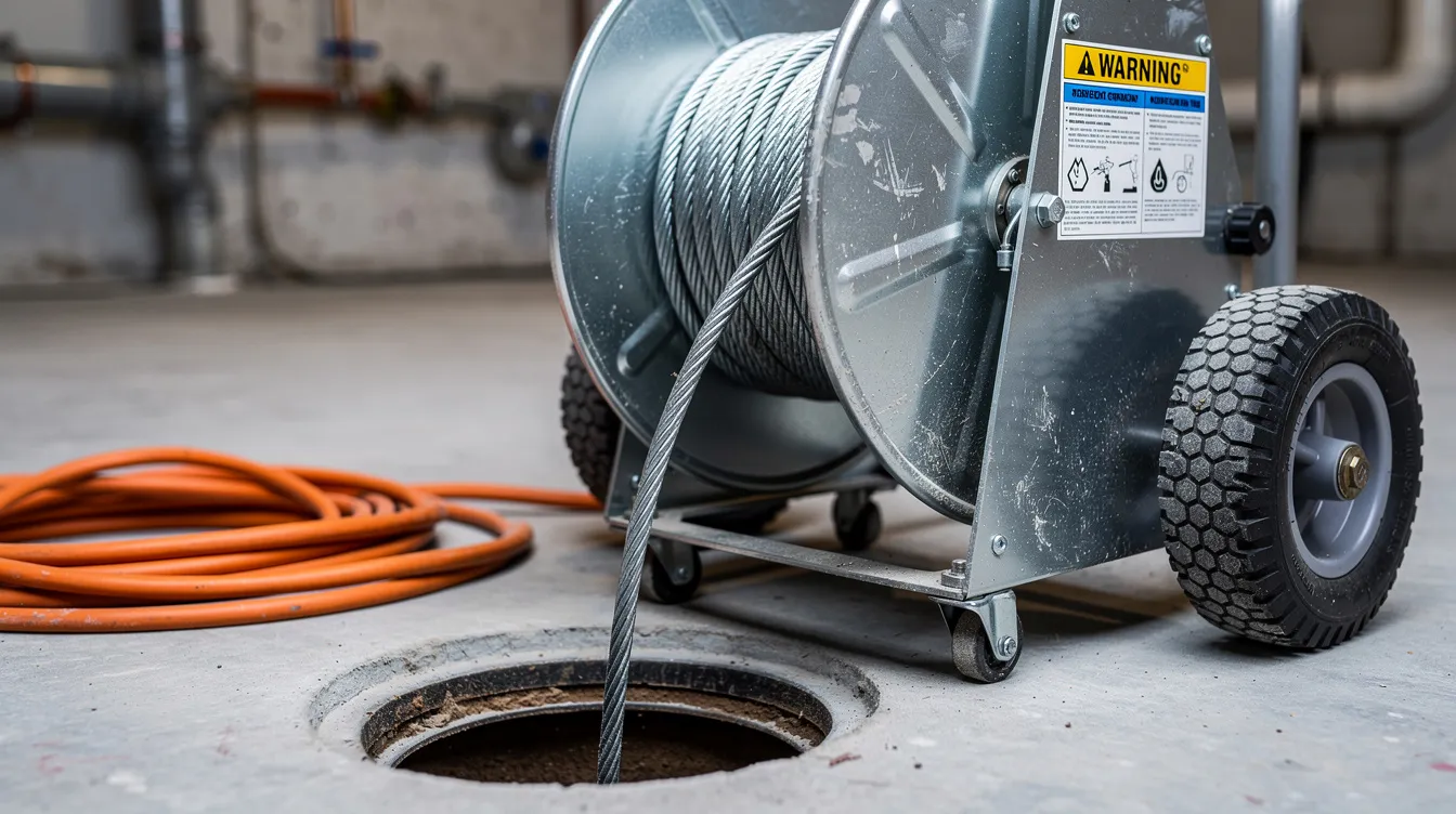 The image shows a close-up view of a professional drain cable machine, designed for clearing residential drain pipes, emphasizing its robust features and functionality. This essential plumbing tool is part of reliable plumbing services in Glendale, addressing plumbing emergencies and ensuring efficient drain cleaning for homeowners.