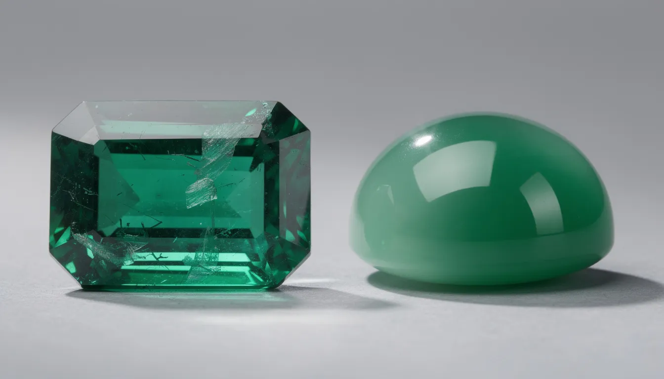 The image compares emerald gemstones and jadeite jade, highlighting their distinct green hues. Emeralds exhibit a more vivid green color with heightened transparency, while jadeite features more muted tones, showcasing the unique characteristics of these iconic green gemstones.