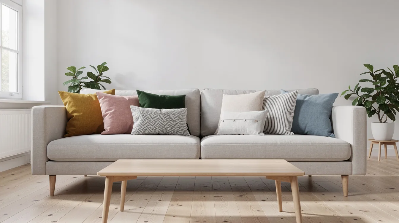 En skandinavisk soffa pryds av flera prydnadskuddar i olika storlekar och färger, vilket skapar en inbjudande atmosfär i det ljusa vardagsrummet. Kuddarna, i material som bomull och sammet, visar upp olika mönster och texturer som förnyar rummet.