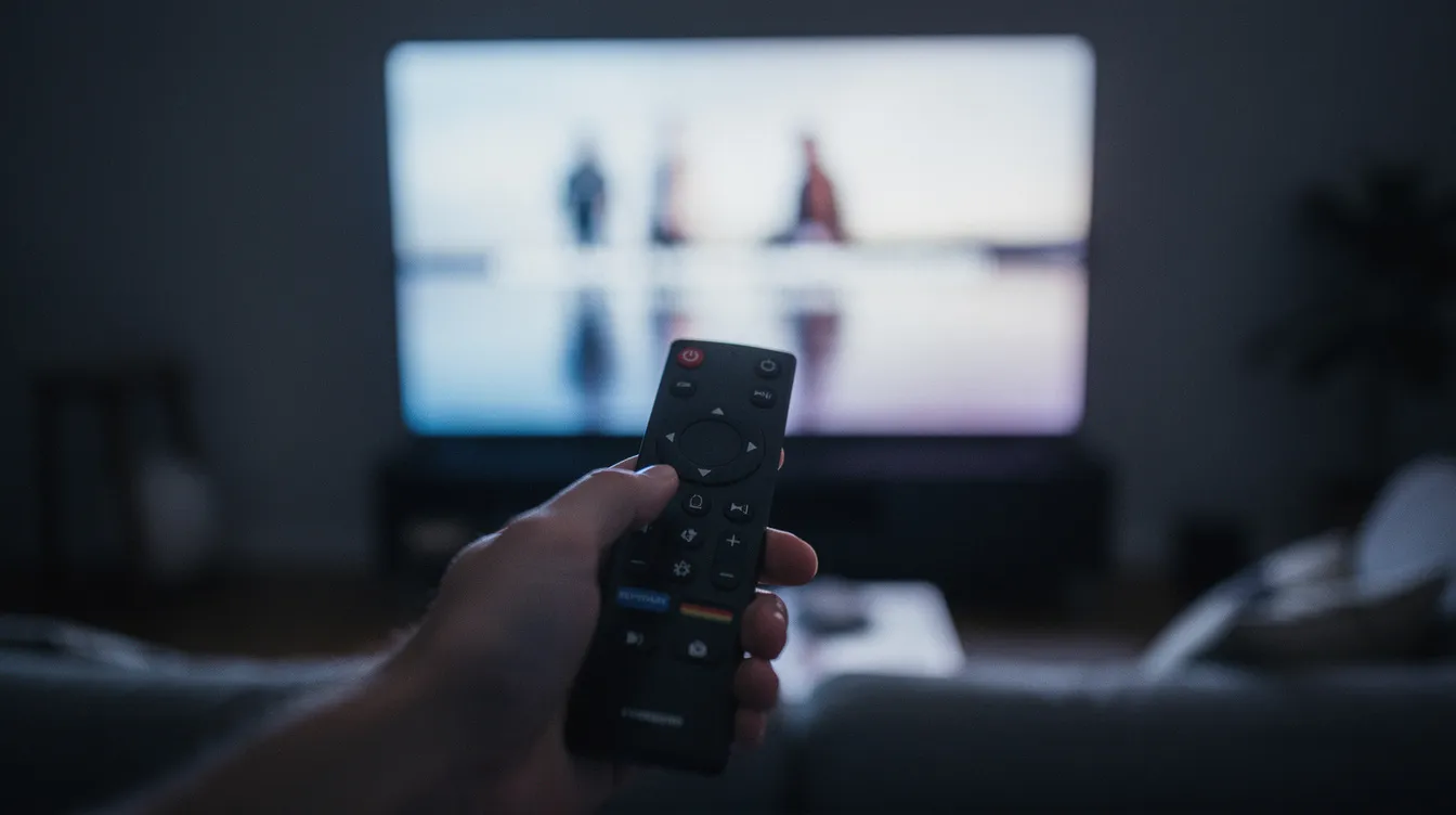 A close-up view of a streaming remote control is aimed at a large flat screen television in a dimly lit room, highlighting the convenience of using IPTV services for accessing live TV channels and international content. The remote suggests the use of popular streaming devices like smart TVs and Android boxes for an enhanced viewing experience.