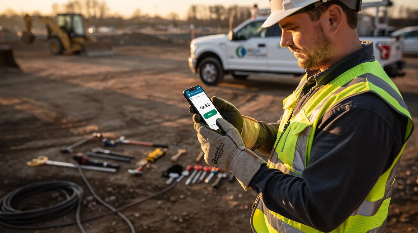 A field service worker stands outdoors, using a smartphone to clock in at a job site, utilizing attendance software for accurate time tracking. This mobile access allows for efficient management of employee work hours and attendance data, streamlining payroll processing and ensuring compliance with labor laws.