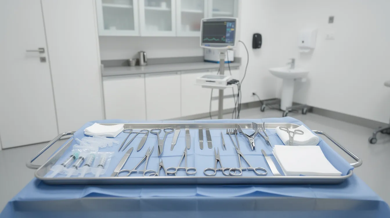 The image depicts a clean and well-lit outpatient surgery prep room, featuring a tray neatly arranged with sterile instruments, ready for procedures such as nipple reduction surgery or other breast surgeries. The environment emphasizes hygiene and readiness for surgical procedures, ensuring patient safety and comfort.