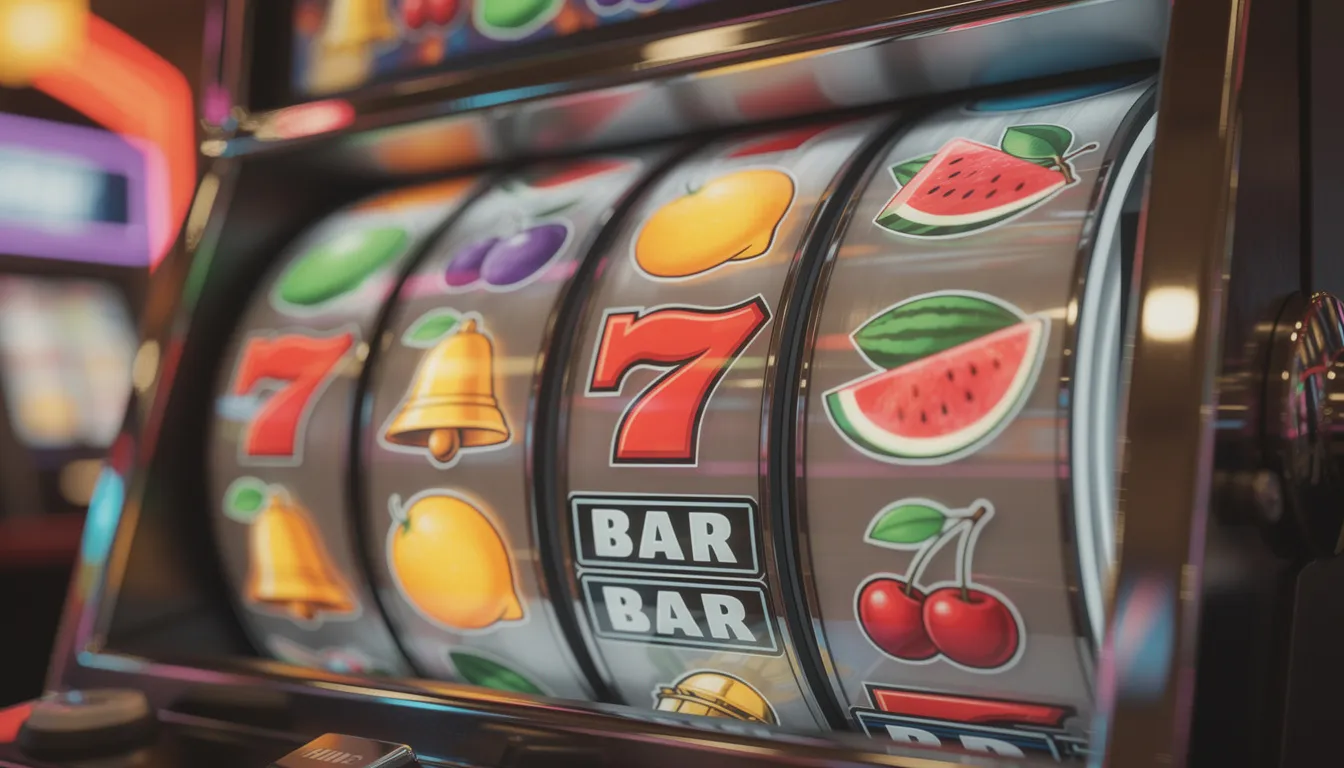 En färgglad spelautomat med snurrande hjul prydda med frukter och olika symboler. Bilden fångar den glädje och spänning som kommer med att spela slots, med möjligheter till free spins och bonusar.