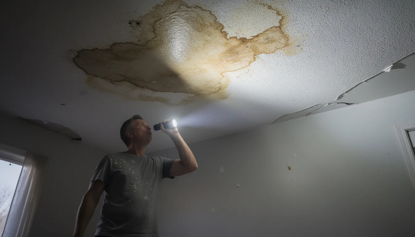 A person is inspecting a water-stained ceiling drywall with a flashlight, looking for signs of mold growth and hidden moisture. This visual inspection is crucial for identifying potential mold problems that can affect indoor air quality and lead to health issues if left unchecked.