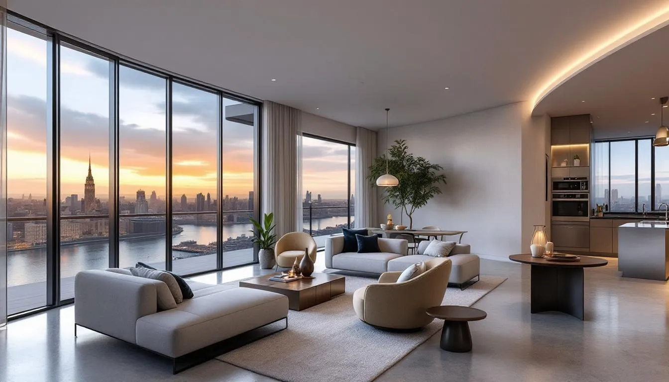 The image showcases a modern condominium interior in Fort Myers, featuring large windows that offer a stunning view of the Caloosahatchee River. The space is adorned with contemporary furniture and elegant finishes, highlighting the luxury lifestyle available in properties like Alta Mar condos, ideally located in the vibrant downtown Fort Myers River District.