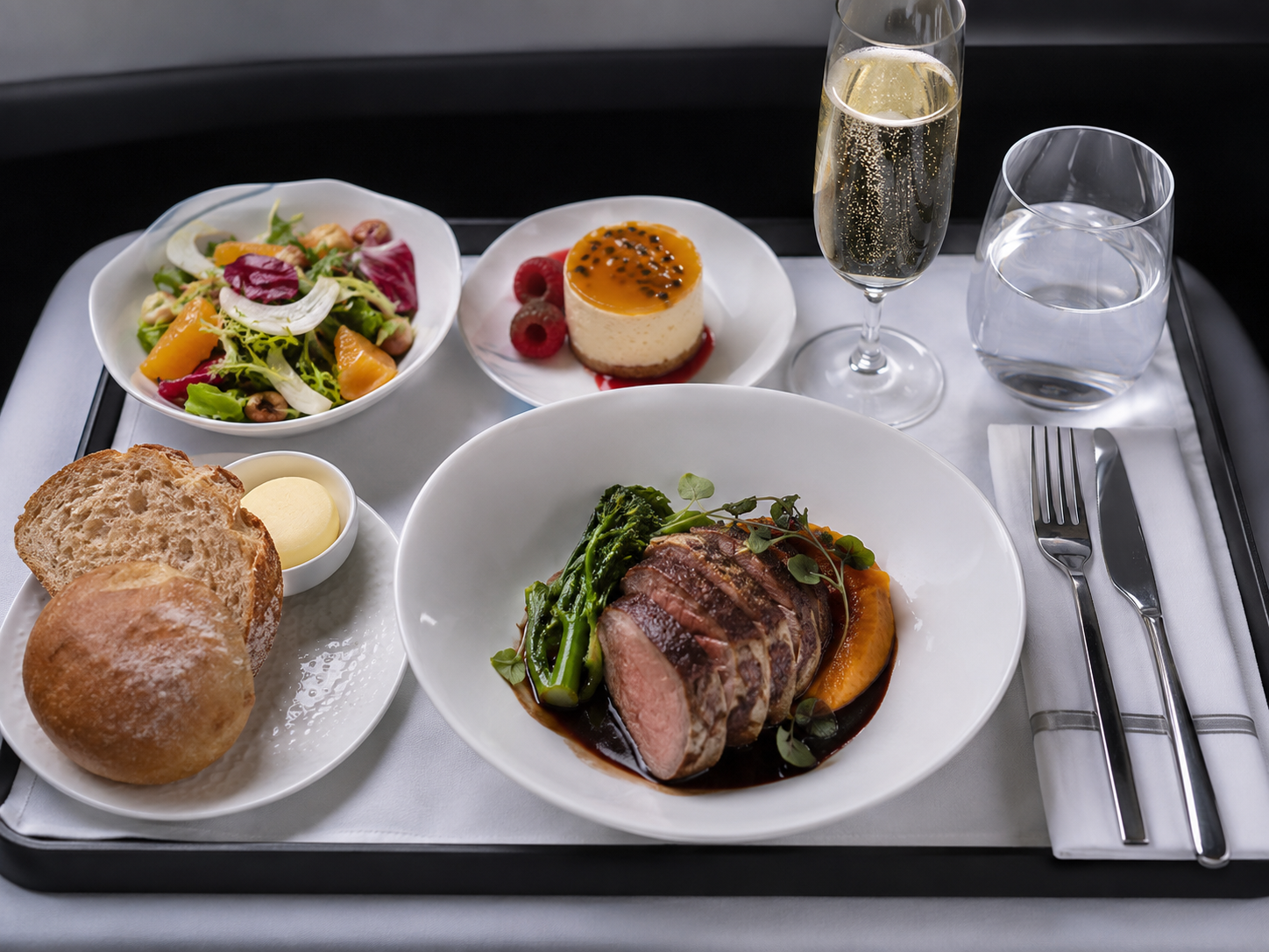 Business class meal tray with beef main course, salad, dessert, bread, champagne, and water.