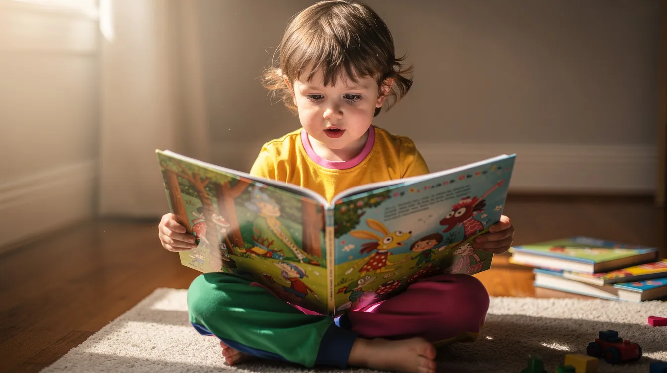 A young child sits cross-legged on the floor, engrossed in a colorful storybook, embodying the joy of learning and cognitive development. This scene highlights the importance of individual literacy learning and the cognitive capacities that support children's reading skills and overall brain development.