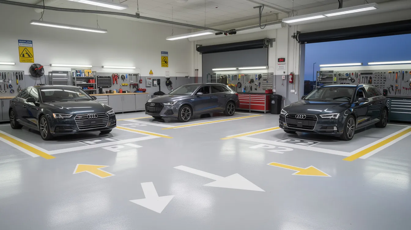The image depicts a well-organized auto repair shop featuring clearly marked parking areas and bright lighting, creating a welcoming environment for customers. This mechanic shop prioritizes customer service and safety, ensuring that each vehicle is handled with reasonable care to prevent any damage during repairs.