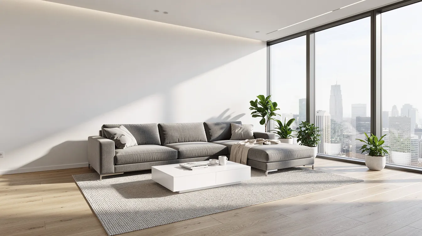 The image depicts a modern living room featuring a grey chaise sofa positioned near large windows that allow ample natural light to fill the space. This stylish sofa, with its feather-filled cushions and sleek design, serves as a perfect focal point in the room, offering a relaxed feel and inviting comfort for lounging or enjoying movie marathons.