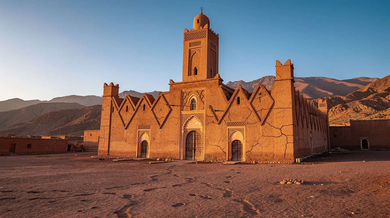 A imagem mostra a Mesquita Tinmel, uma importante construção do século XII localizada na região montanhosa de Marrocos. A mesquita, com suas paredes de adobe e detalhes arquitetônicos islâmicos, é um marco histórico e cultural que atrai turistas interessados na rica história do mundo islâmico.