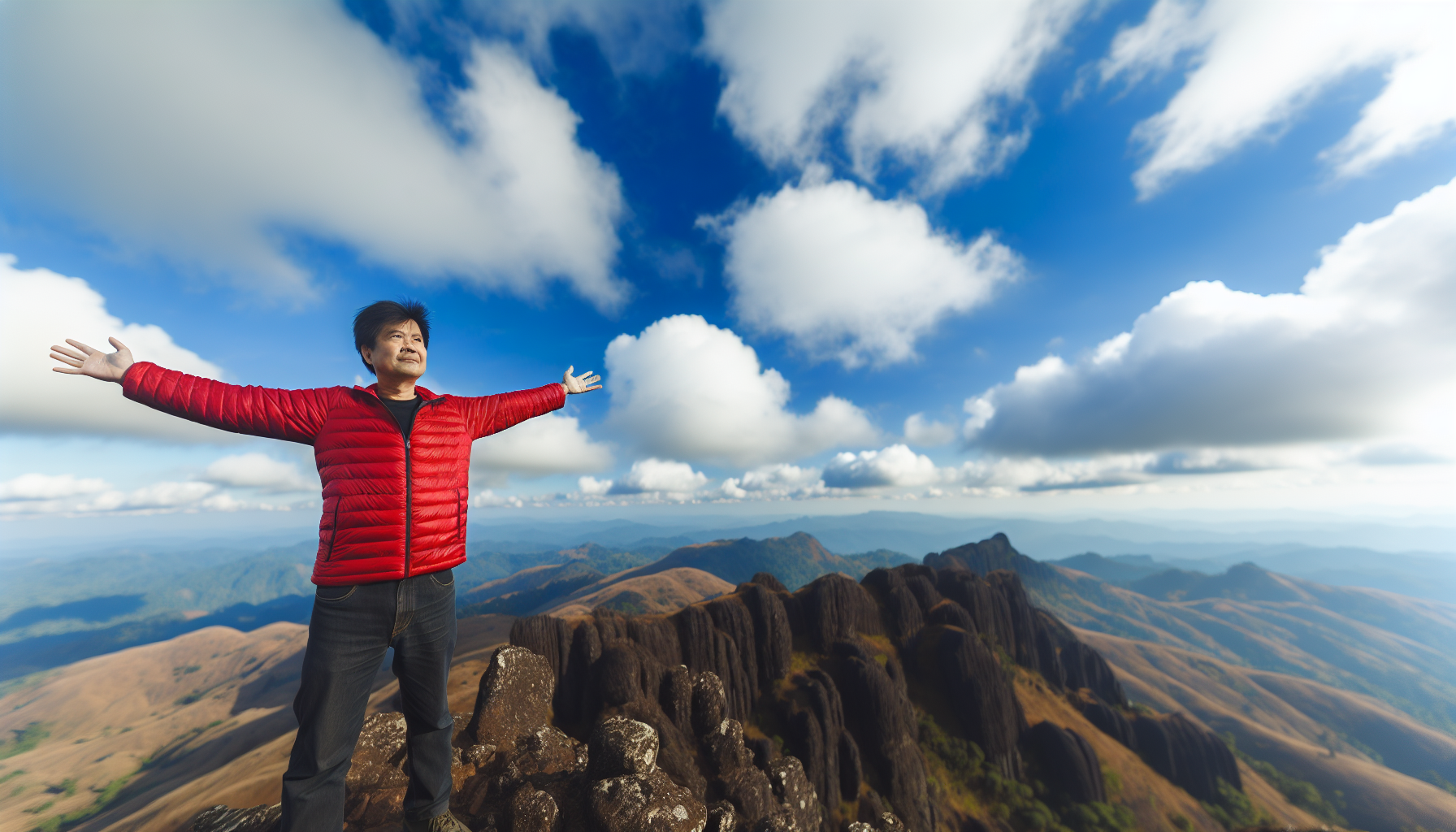 A person standing on a mountain peak with arms outstretched, symbolizing endless potential and embracing abundance mindset