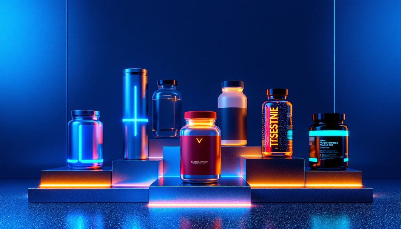 Are Testosterone OTC Products Worth It? Evaluating Their Effectiveness 1 An array of testosterone OTC products displayed on a shelf, showcasing various supplement types.