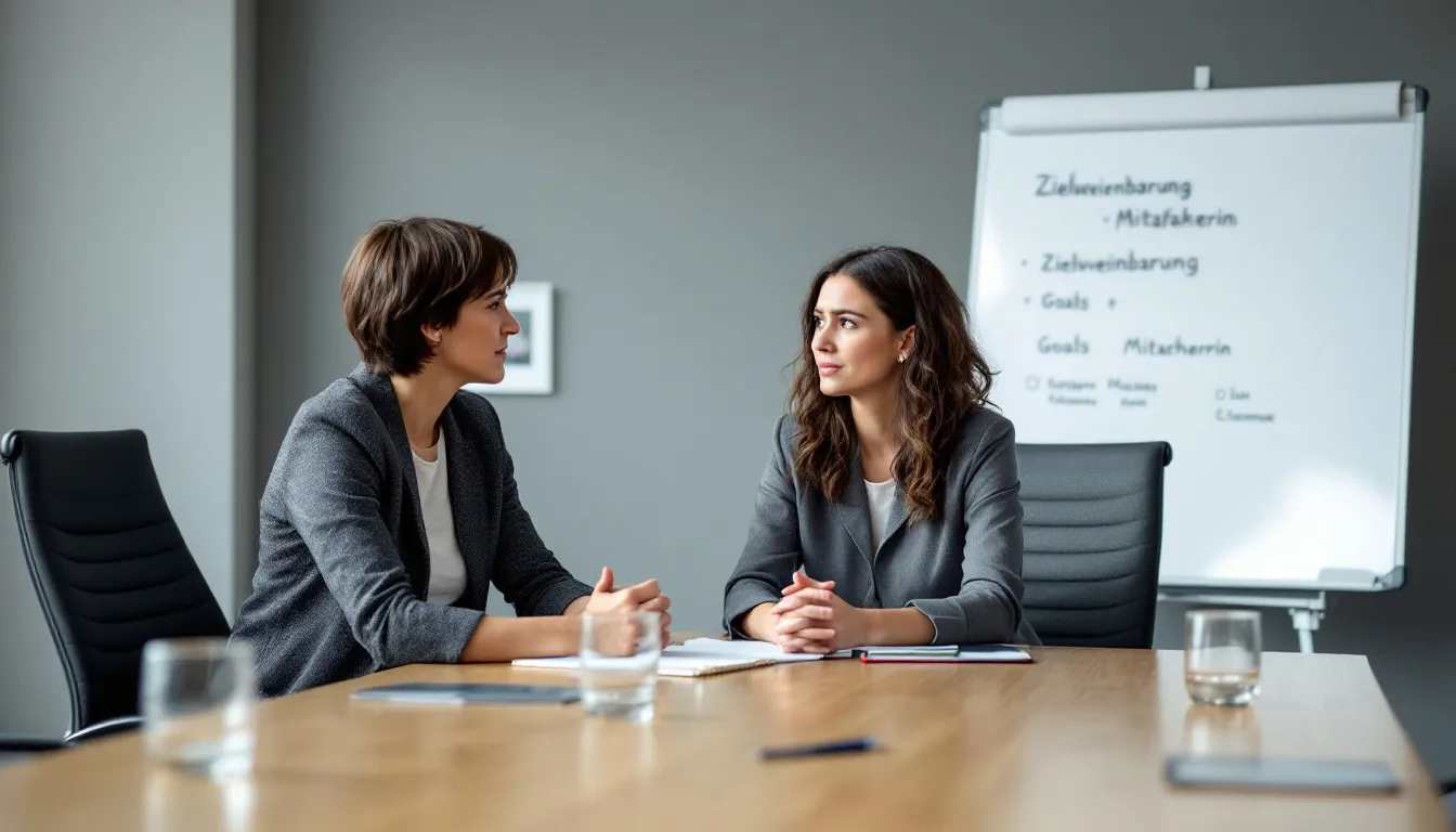 In der Bildszene führen eine Führungskraft und eine Mitarbeiterin ein Zielvereinbarungsgespräch, bei dem sie gemeinsam Ziele und Zielvorgaben für die Weiterentwicklung im Unternehmen besprechen. Der Fokus liegt auf der Kommunikation und dem Austausch von Erwartungen und Vorstellungen zur Leistungsbeurteilung und Zielerreichung.