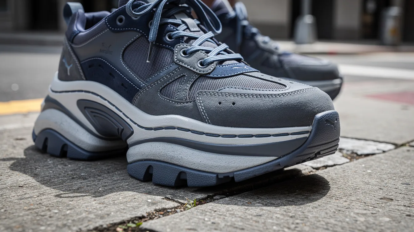 Die Nahaufnahme zeigt Chunky-Sneaker von Adidas mit einer dicken Sohle, die auf einem urbanen Gehweg platziert sind. Die Sneakers strahlen eine Kombination aus Komfort und modernem Design aus, ideal für Damen im Alltag.
