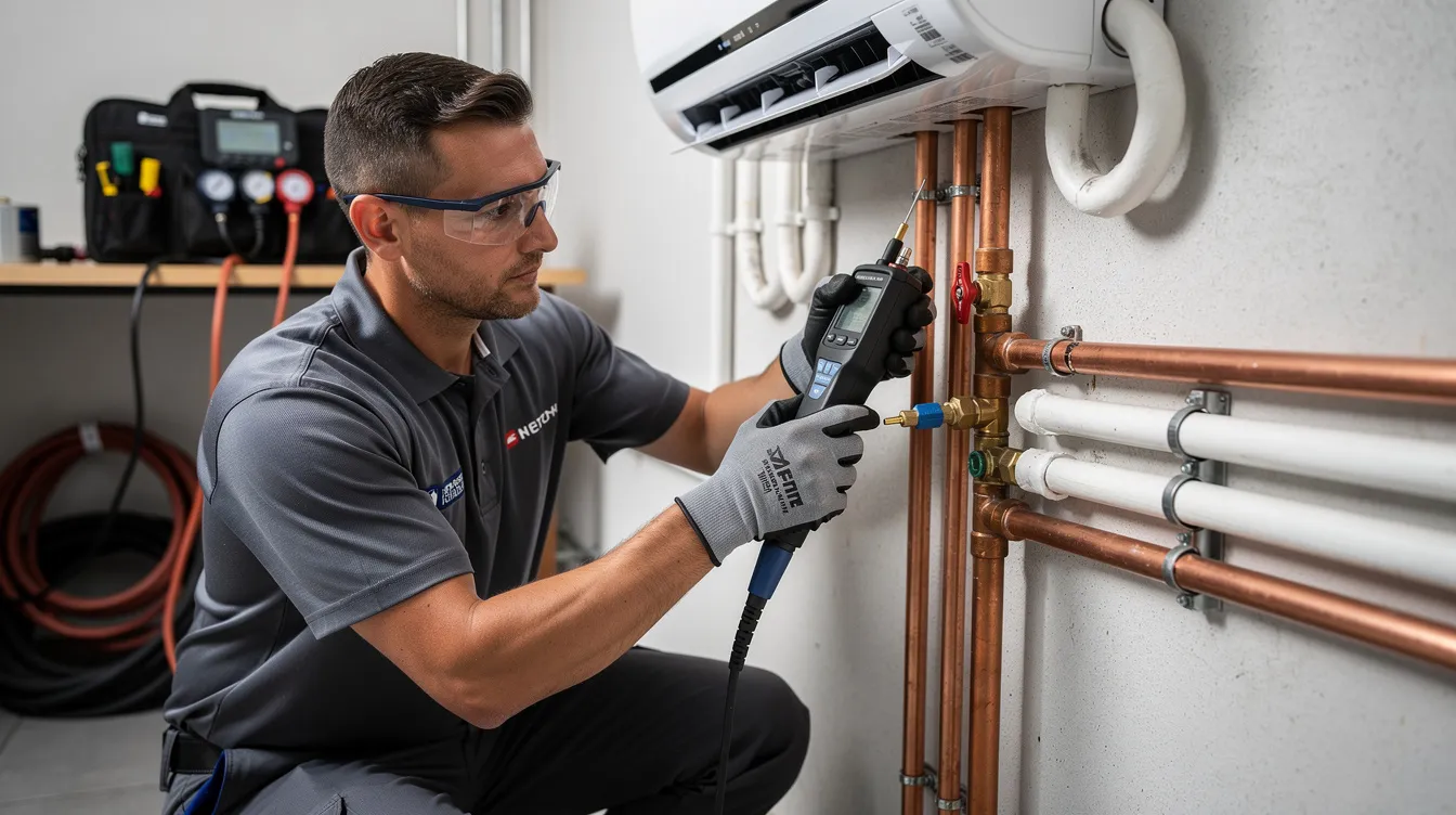 A technician is using electronic leak detection equipment to inspect copper pipework connected to an air conditioning system, ensuring the integrity of the air conditioner installation. This professional service aims to identify any potential issues and maintain the efficiency of the aircon units in a commercial or domestic setting.