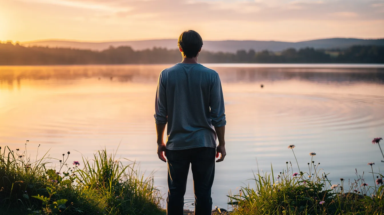 A calm person stands outdoors, gazing at a peaceful lake during sunset, surrounded by nature's beauty. This serene moment can evoke feelings of stress relief, similar to how many seek the ideal CBD dosage for managing anxiety disorders and achieving a sense of tranquility.