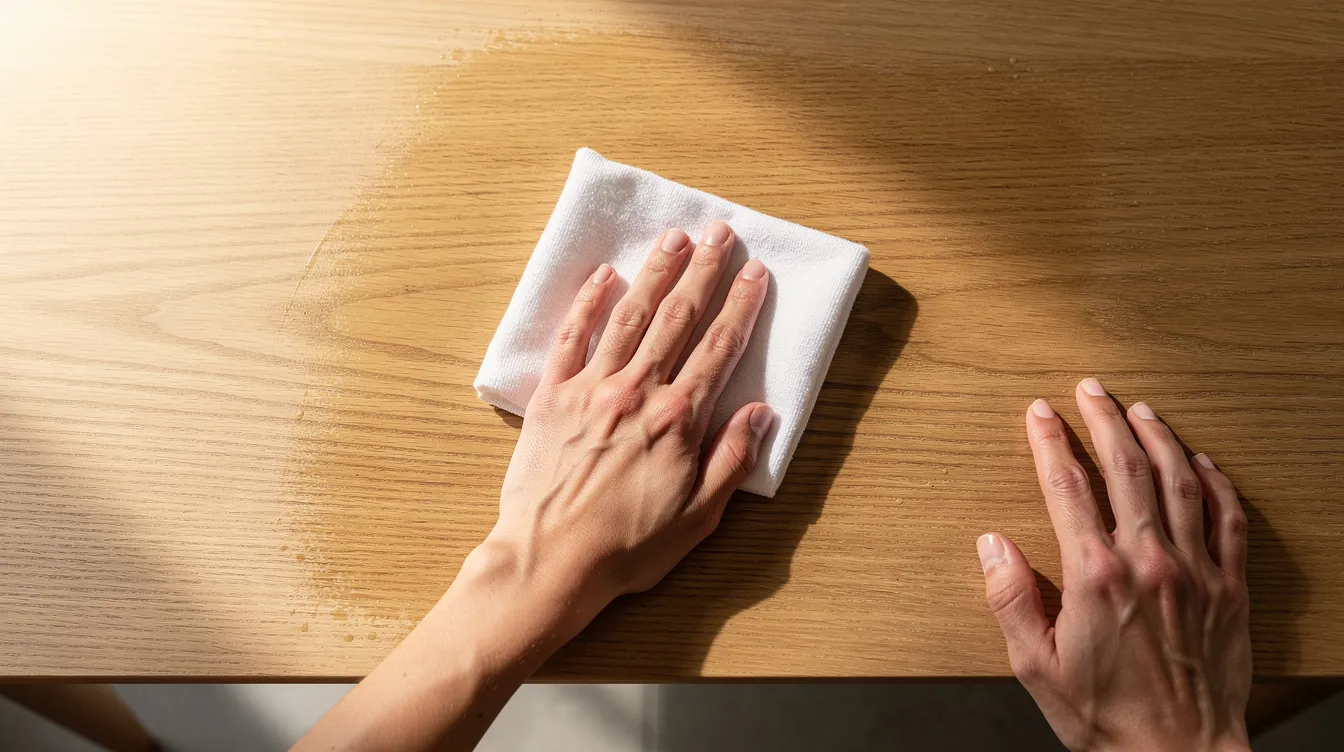 Een paar handen brengen met een licht vochtige doek olie aan op een eiken tafelblad, waarbij de natuurlijke uitstraling van het eikenhout wordt benadrukt. Dit onderhoud is belangrijk om de levensduur van de eiken meubels te verlengen en om een beschermende laag tegen vlekken en slijtage te creëren.