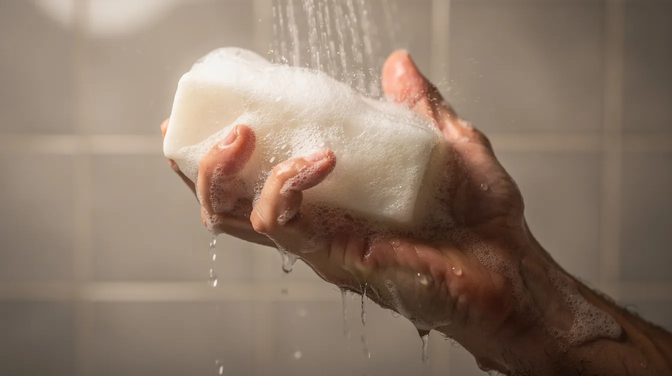 A man's hand is holding a bar of soap, covered in rich lather, as warm shower water cascades over it. This scene highlights the use of moisturizing ingredients for a gentle cleanse, ideal for maintaining hydrated skin.