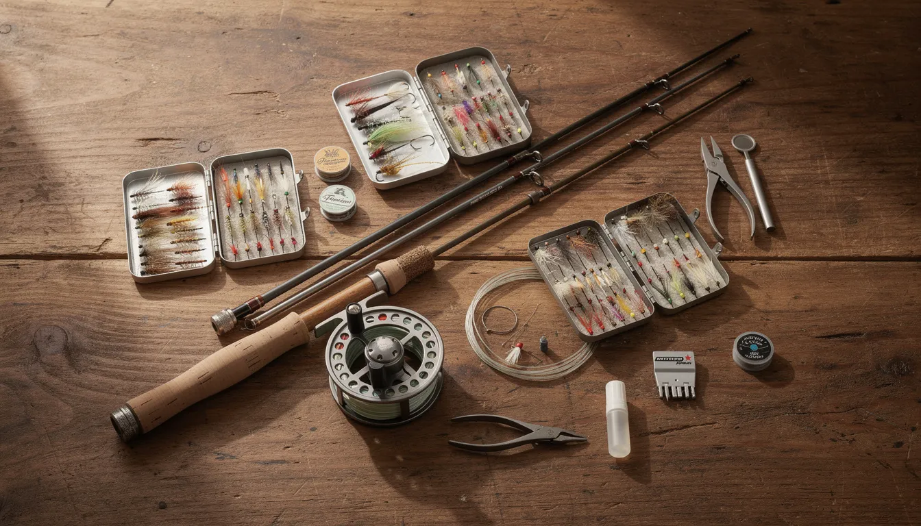 Na drewnianym stole rozłożony jest zestaw do wędkarstwa muchowego, składający się z lekkiej wędki, kołowrotka, pudełek z różnymi sztucznymi muchami oraz akcesoriów wędkarskich, które są niezbędne do skutecznego łowienia ryb, takich jak pstrągi czy szczupaki. W tle można poczuć atmosferę wędkarskiego połowu, a zestaw idealnie nadaje się zarówno dla początkujących, jak i doświadczonych wędkarzy.