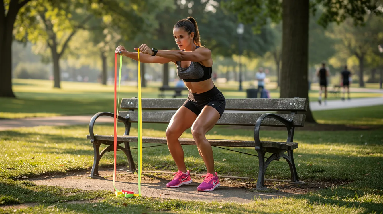A person is exercising outdoors in a park, using resistance bands to enhance their workout routine, which contributes to overall health and longevity. This activity not only promotes muscle growth and energy production but also supports cellular health and wellness through regular physical activity.